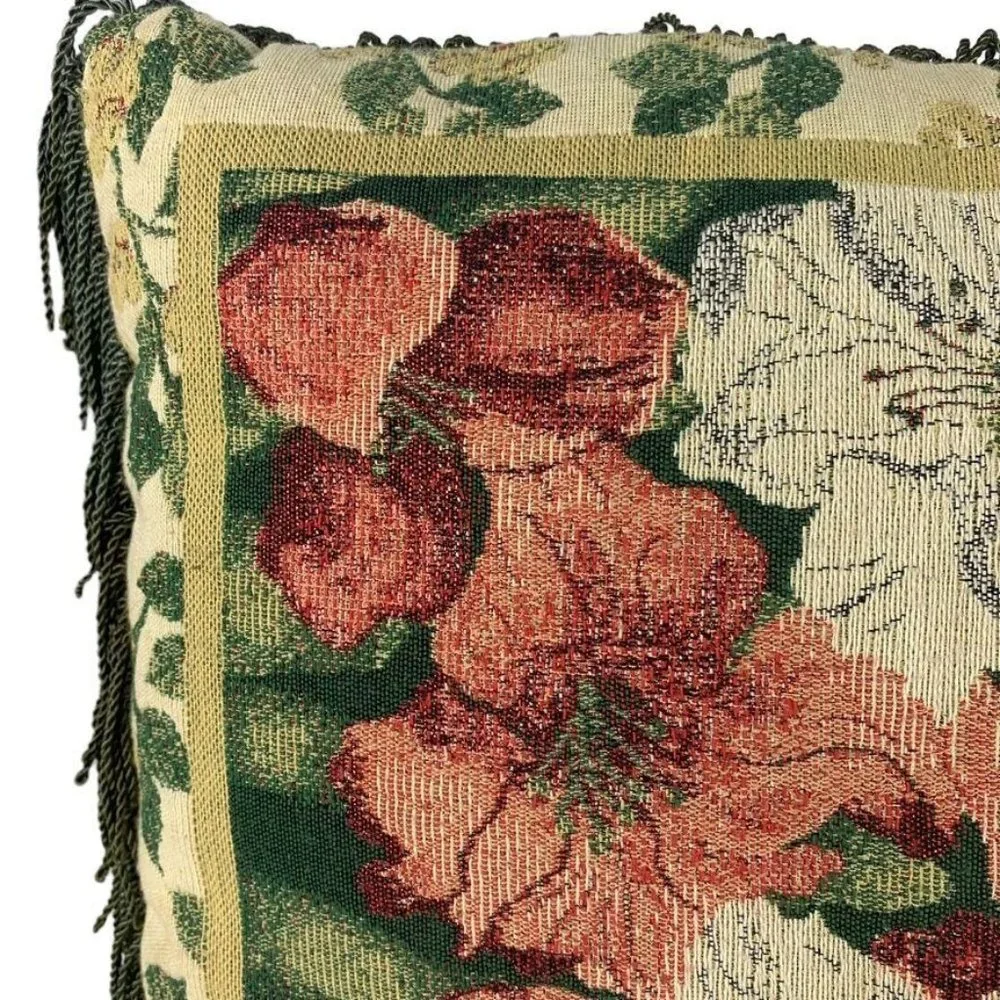 Square Floral Tapestry Throw Pillow Fringe Lillies 14.5